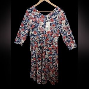 PACT Autumn Cosmos Fit & Flare Floral Print Dress 3/4 Sleeves Large NWT Boho